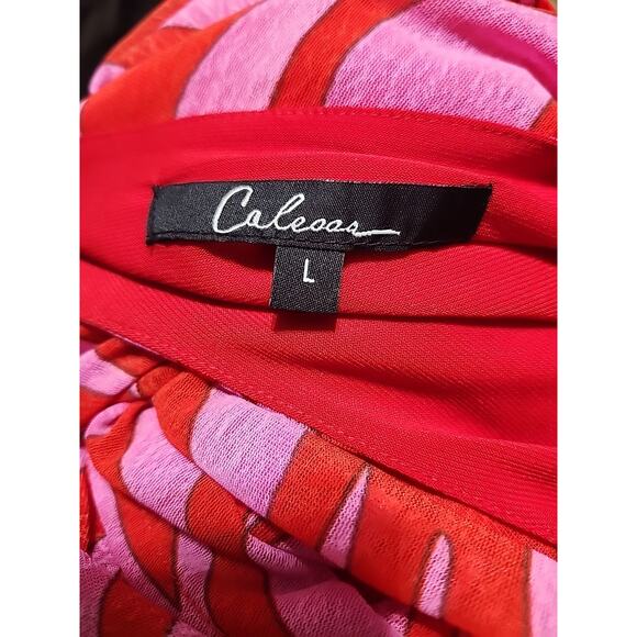 Calessa L Blouse Swirl‎ Print L Pink & Red Tiered Ruffle Sleeve Tunic Flame Fire - Picture 11 of 11